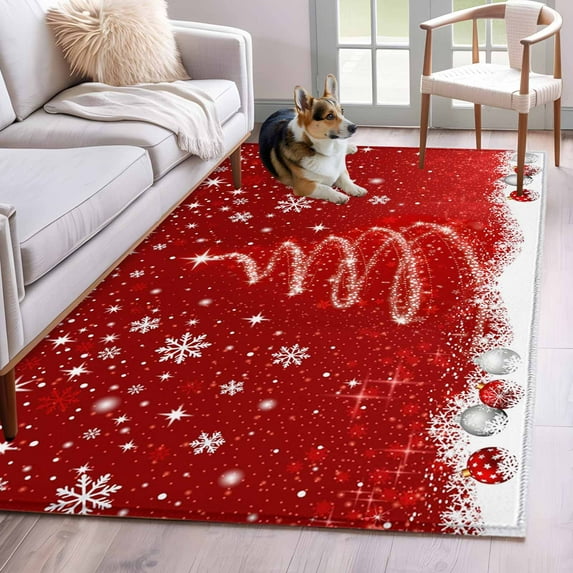 Hallway Runner Rugs 2.7x5 Ft, Red Christmas Non Slip Area Rugs for Kitchen Bedroom Entryway, Snowflake Xmas Tree Ball Winter Modern Abstract Art Washable Carpet Runner Rug Floor Mats for Bedroom