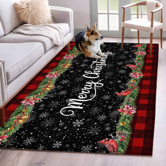 Hallway Runner Rugs 2.7x5 Ft, Red Plaid Christmas Non Slip Area Rugs for Kitchen Bedroom Entryway, Xmas Snowflake Botanical Poinsettia Washable Carpet Runner Rug Floor Mats for Bedroom Home Decor