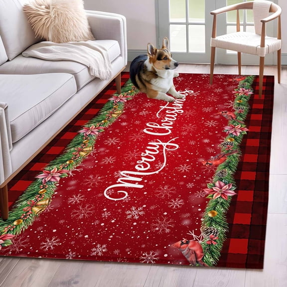 Hallway Runner Rugs 2.7x5 Ft, Red Plaid Christmas Non Slip Area Rugs for Kitchen Bedroom Entryway, Xmas Snowflake Poinsettia Botanical Washable Carpet Runner Rug Floor Mats for Bedroom Home Decor