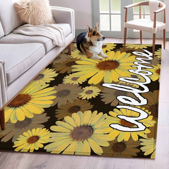 Hallway Runner Rugs 2.7x5 Ft, Spring Daisy Non Slip Area Rugs for Kitchen Bedroom Entryway, Botanical Brown Yellow Flowers Oil Painting Washable Carpet Runner Rug Floor Mats for Bedroom Home Decor