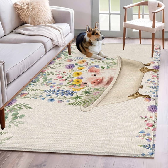 Hallway Runner Rugs 2.7x5 Ft, Spring Floral Pig Non Slip Area Rugs for Kitchen Bedroom Entryway, Weeping Flowers Leaves Farmhouse Rustic Washable Carpet Runner Rug Floor Mats for Bedroom Home Decor