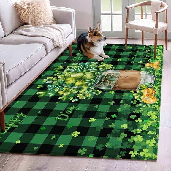 Hallway Runner Rugs 2.7x5 Ft, St. Patrick's Day Non Slip Area Rugs for Kitchen Bedroom Entryway, Green Clovers Coin Buffalo Plaid Washable Carpet Runner Rug Floor Mats for Bedroom Home Decor