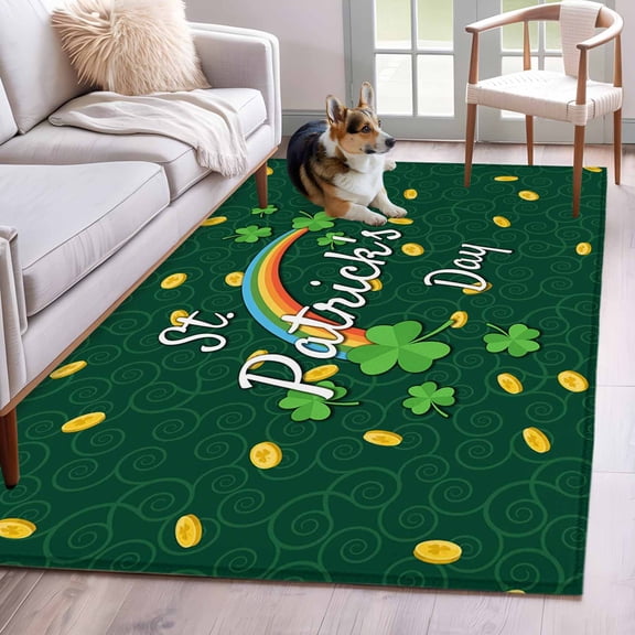 Hallway Runner Rugs 2.7x5 Ft, St. Patrick's Day Non Slip Area Rugs for Kitchen Bedroom Entryway, Green Shamrock Rainbow Gold Coin Simple Washable Carpet Runner Rug Floor Mats for Bedroom Home Decor