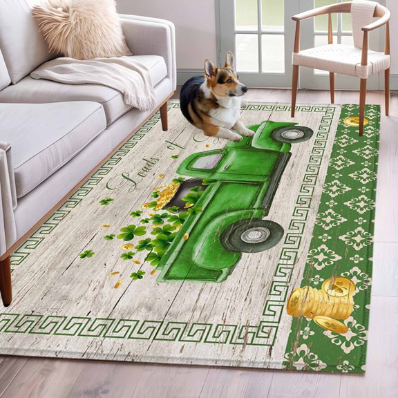Hallway Runner Rugs 2.7x5 Ft, St. Patrick's Day Non Slip Area Rugs for Kitchen Bedroom Entryway, Green Truck Shamrock Gold Coin Wooden Washable Carpet Runner Rug Floor Mats for Bedroom Home Decor