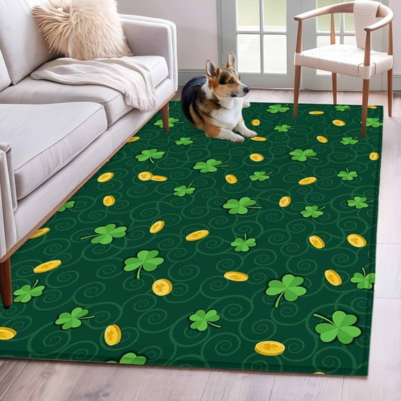 Hallway Runner Rugs 2.7x5 Ft, St. Patrick's Day Non Slip Area Rugs for Kitchen Bedroom Entryway, Lucky Shamrock Gold Coin Minimalist Green Washable Carpet Runner Rug Floor Mats for Bedroom