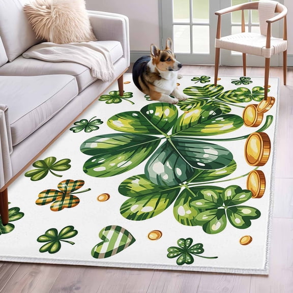 Hallway Runner Rugs 2.7x5 Ft, St Patrick's Day Shamrock Non Slip Area Rugs for Kitchen Bedroom Entryway, Lucky Four Leaf Gold Coin Green Washable Carpet Runner Rug Floor Mats for Bedroom Home Decor