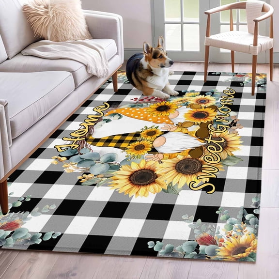Hallway Runner Rugs 2.7x5 Ft, Sunflower Non Slip Area Rugs for Kitchen Bedroom Entryway, Gnomes Black White Checkered Farmhouse Washable Carpet Runner Rug Floor Mats for Bedroom Home Decor
