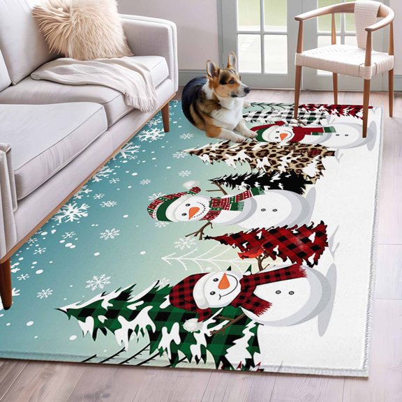 Hallway Runner Rugs 2.7x5 Ft, Teal Blue Christmas Non Slip Area Rugs for Kitchen Bedroom Entryway, Snowman Xmas Tree Winter Snowflake Washable Carpet Runner Rug Floor Mats for Bedroom Home Decor