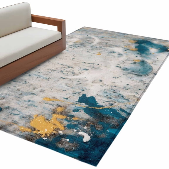 Hallway Runner Rugs 2.7x5 Ft, Teal Gray Gold Non Slip Area Rugs for Kitchen Bedroom Entryway, Modern Minimalist Abstract Gradient Art Washable Carpet Runner Rug Floor Mats for Bedroom Home Decor