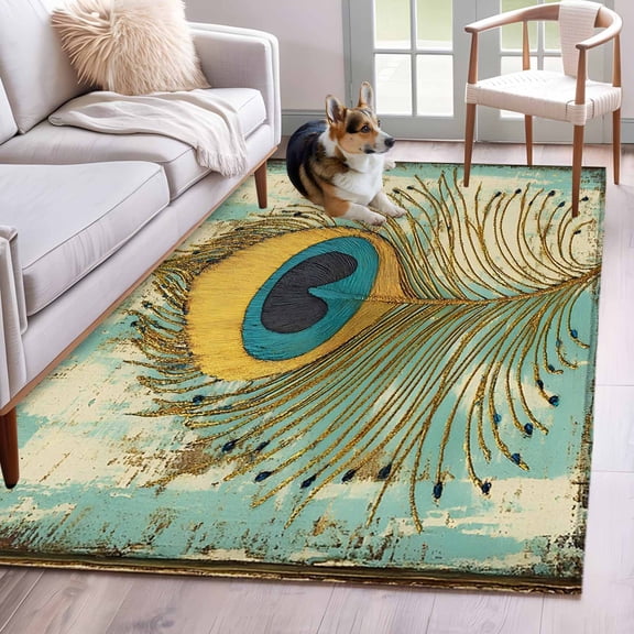Hallway Runner Rugs 2.7x5 Ft, Teal Peacock Feathers Non Slip Area Rugs for Kitchen Bedroom Entryway, Retro Abstract Art Watercolor Washable Carpet Runner Rug Floor Mats for Bedroom Home Decor