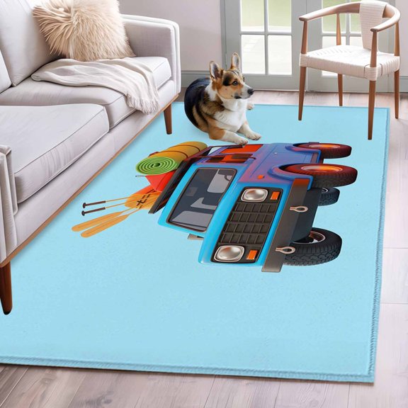 Hallway Runner Rugs 2.7x5 Ft, Travel Truck Non Slip Area Rugs for Kitchen Bedroom Entryway, Cartoon Navy Camping Cars Blue Background Washable Carpet Runner Rug Floor Mats for Bedroom Home Decor