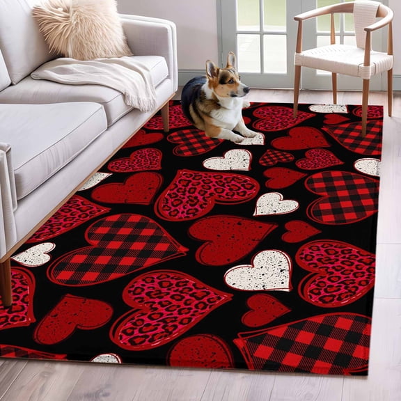 Hallway Runner Rugs 2.7x5 Ft, Valentine's Day Non Slip Area Rugs for Kitchen Bedroom Entryway, Red Black Love Hearts Plaid Romantic Washable Carpet Runner Rug Floor Mats for Bedroom Home Decor