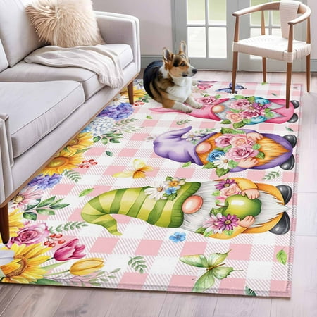 Hallway Runner Rugs 2.7x5 Ft, Watercolor Gnomes Floral Non Slip Area Rugs for Kitchen Bedroom Entryway, Spring Butterflies Flowers Pink Plaid Washable Carpet Runner Rug Floor Mats for Bedroom
