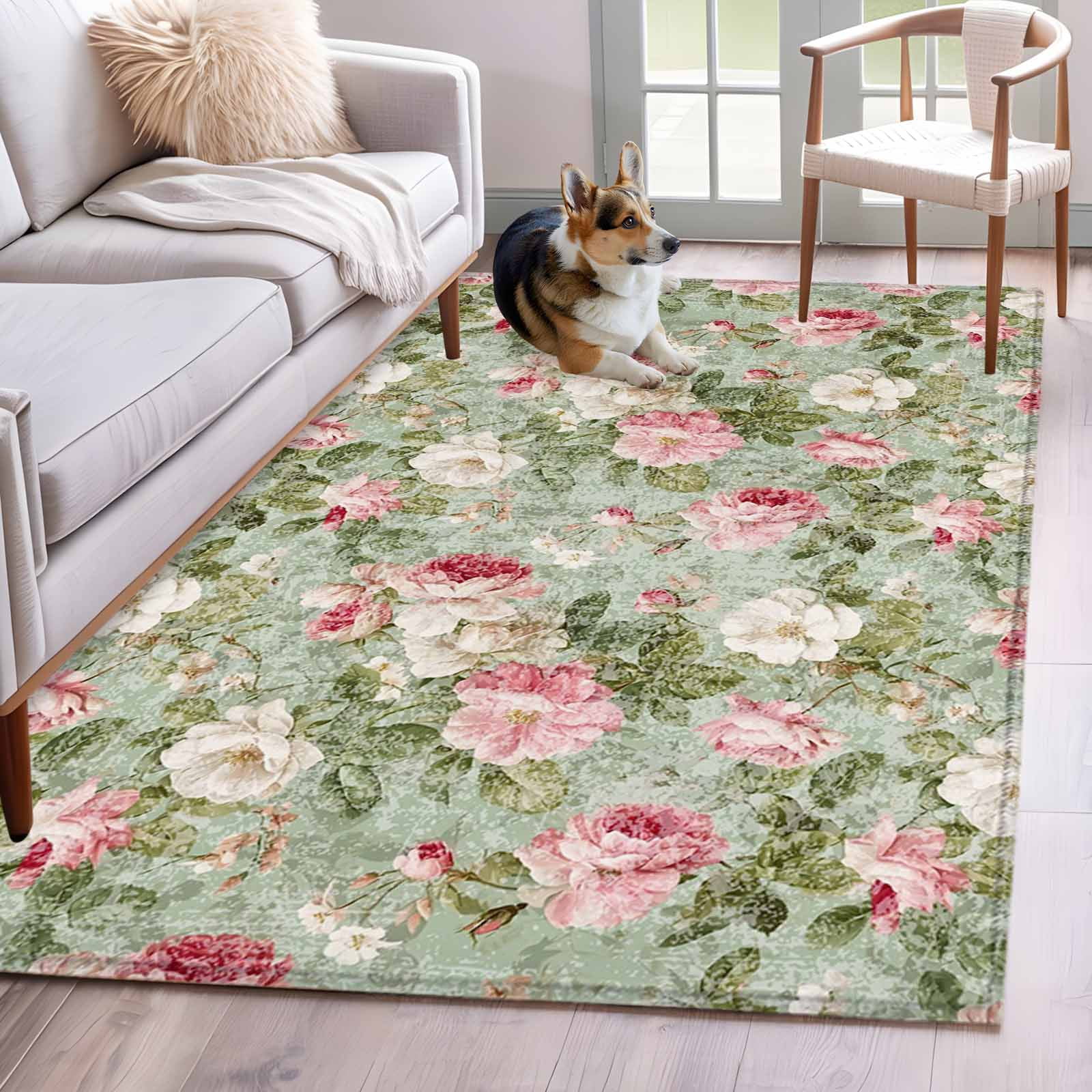 Hallway Runner Rugs 2.7x5 Ft, White Pink Flower Non Slip Area Rugs for Kitchen Bedroom Entryway, Shabby Chic Spring Vintage Leaf Green Washable Carpet Runner Rug Floor Mats for Bedroom Home Decor