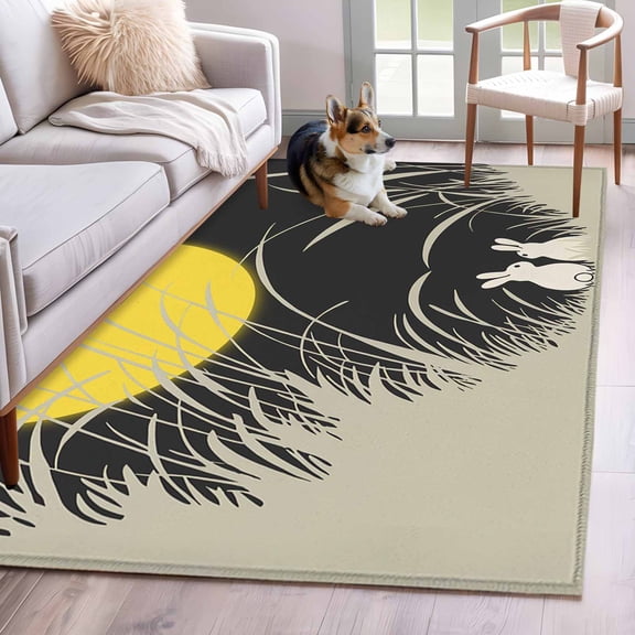 Hallway Runner Rugs 2.7x5 Ft, Yellow Moonlight Non Slip Area Rugs for Kitchen Bedroom Entryway, Modern Rustic Rabbits Botanical Washable Carpet Runner Rug Floor Mats for Bedroom Home Decor