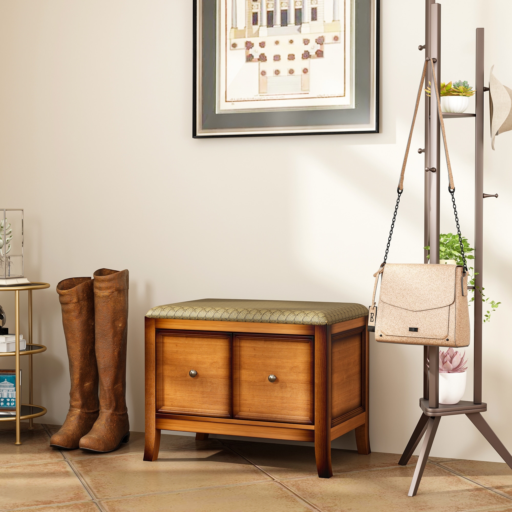 Hallway Storage Bench w/Drawer and Padded Seat Cushion Bed End Bench