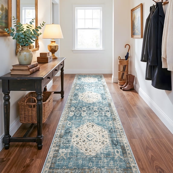 Hallway Washable Runner Rug 2'6x10 - Kitchen Runner Rugs Indoor Non Slip Rugs for Living Room Bedroom Stain Resistant Carpet for Bathroom (2'6''x10', Aqua Blue)