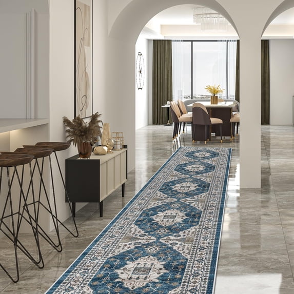 Hallway Washable Runner Rug - 2'6x14 Kitchen Rugs Entryway Vintage Soft Floor Mat Non Slip Indoor Farmhouse Carpet For Bathroom Living Room Bedroom (2'6''x14' Blue)