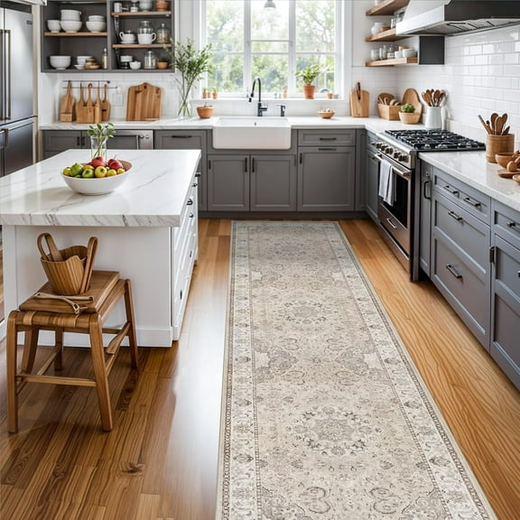Hallway Washable Runner Rug - 2x10 Kitchen Rugs Entryway Rug Runner Vintage Soft Floor Mat Non Slip Indoor Farmhouse Carpet for Bathroom Living Room Bedroom (2 X 10, Beige)
