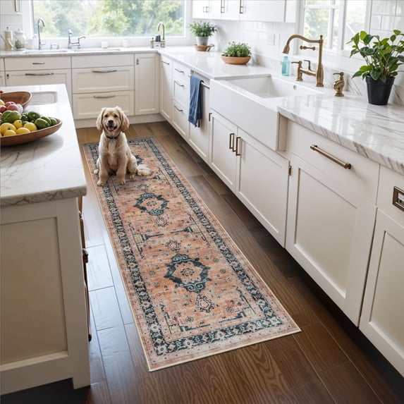 Hallway Washable Runner Rug - 2x7 Kitchen Rugs Entryway Vintage Soft Floor Mat Non Slip Indoor Farmhouse Carpet For Bathroom Living Room Bedroom (2 X 7 Orange)