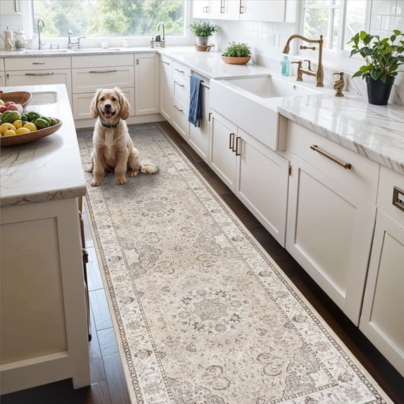Hallway Washable Runner Rug - 3x10 Kitchen Rugs Entryway Vintage Soft Floor Mat Non Slip Indoor Farmhouse Carpet For Bathroom Living Room Bedroom (3 X 10 Beige)