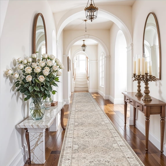 Hallway Washable Runner Rug - 3x20 Kitchen Rugs Entryway Long Vintage Soft Floor Mat Non Slip Indoor Farmhouse Carpet For Bathroom Living Room Bedroom (3 X 20 Beige)
