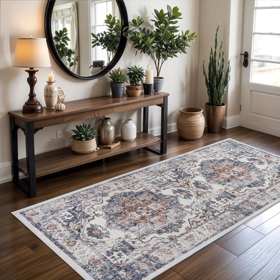 Hallway Washable Runner Rug - 3x6 Kitchen Rugs Entryway Vintage Soft Floor Mat Non Slip Indoor Farmhouse Carpet For Bathroom Living Room Bedroom (3 X 6  Brick)