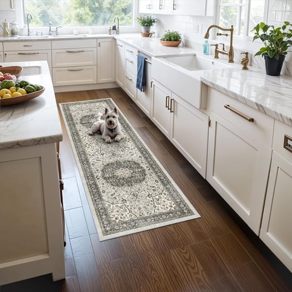 Hallway Washable Runner Rug: Oriental Stain Resistant Kitchen Entryway Rugs Farmhouse Ultra Soft Bathroom Bedroom Print Floor Mat Thin Non Slip Indoor Carpet for Living Room Laudry(,Grey)
