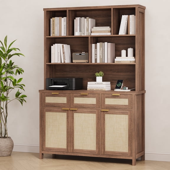 Hallway storage unit, 71 inches high, floor-standing bookcase with charging station, 3 drawers, 6 storage compartments, open shelving, 3 rattan doors, suitable for home offices and living rooms