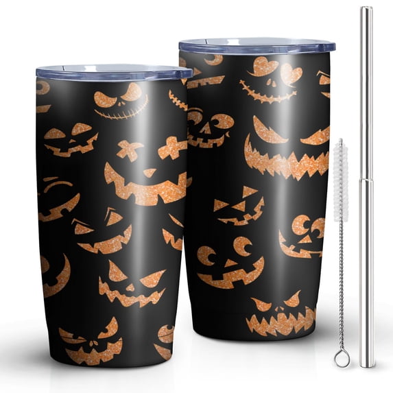 Hallween Ghost Pumpkin Face Tumbler with Straw, Ghost Pumpkin Face Stainless Steel Double Walled Vacuum Insulated Cup, Spooky Holiday Gifts for Women Men