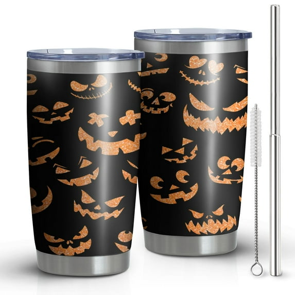 Hallween Ghost Pumpkin Face Tumbler with Straw, Ghost Pumpkin Face Stainless Steel Double Walled Vacuum Insulated Cup, Spooky Holiday Gifts for Women Men