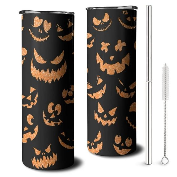 Hallween Ghost Pumpkin Face Tumbler with Straw, Ghost Pumpkin Face Stainless Steel Double Walled Vacuum Insulated Cup, Spooky Holiday Gifts for Women Men