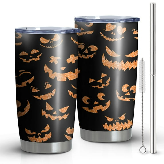 Hallween Ghost Pumpkin Face Tumbler with Straw, Ghost Pumpkin Face Stainless Steel Double Walled Vacuum Insulated Cup, Spooky Holiday Gifts for Women Men