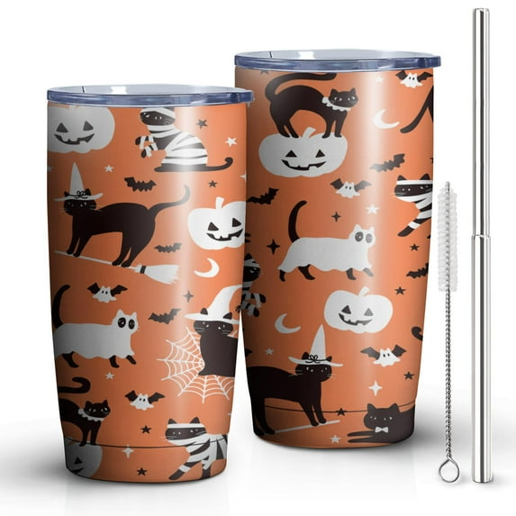 Hallween Spooky Black Cats Pumpkin Tumbler with Straw, Spooky Black Cats Pumpkin Stainless Steel Double Walled Vacuum Insulated Cup, Spooky Holiday Gifts for Women Men