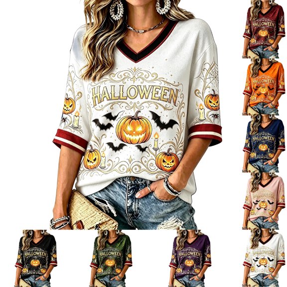 Hallween Women's Tops, Tees & Blouses 3/4 Sleeve T Shirts for Women Dressy Casual Pumpkin Ghost Blouses Holiday Funny V Neck Fall Summer Tunic Tops White XL