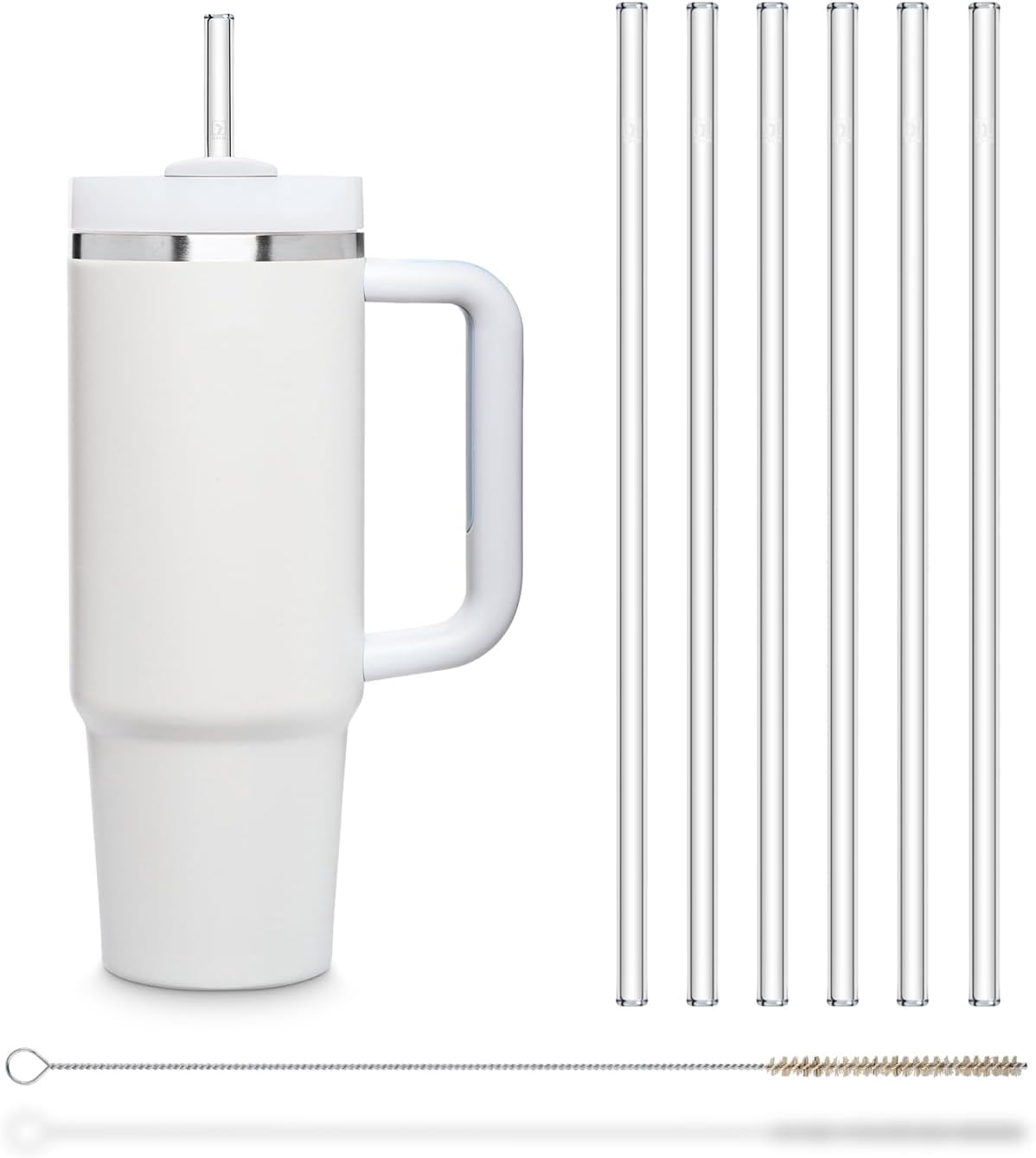 Halm Glass Straws - 6x 11 inch Long Replacement for Stanley Cup 30 OZ Bottles + Plastic Free Cleaning Brush - Dishwasher Safe - Sustainable, Water Bottles