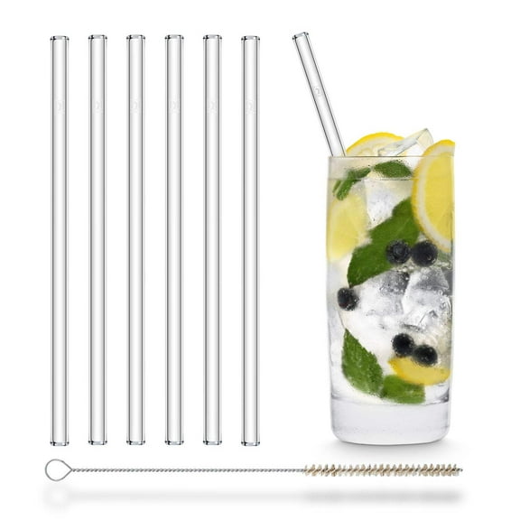 Halm Glass Straws – 6x 8 Inch Drinking Straws Plastic-Free Cleaning Brush - Reusable Dishwasher Safe - Made in Germany