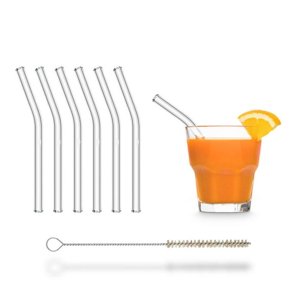 Halm Glass Straws 6x Short 6 Inch bent Reusable Drinking Straws + Plastic-Free Cleaning Brush - Dishwasher Safe - Eco-Friendly - Perfect for Smoothies, Cocktails - Made in Germany