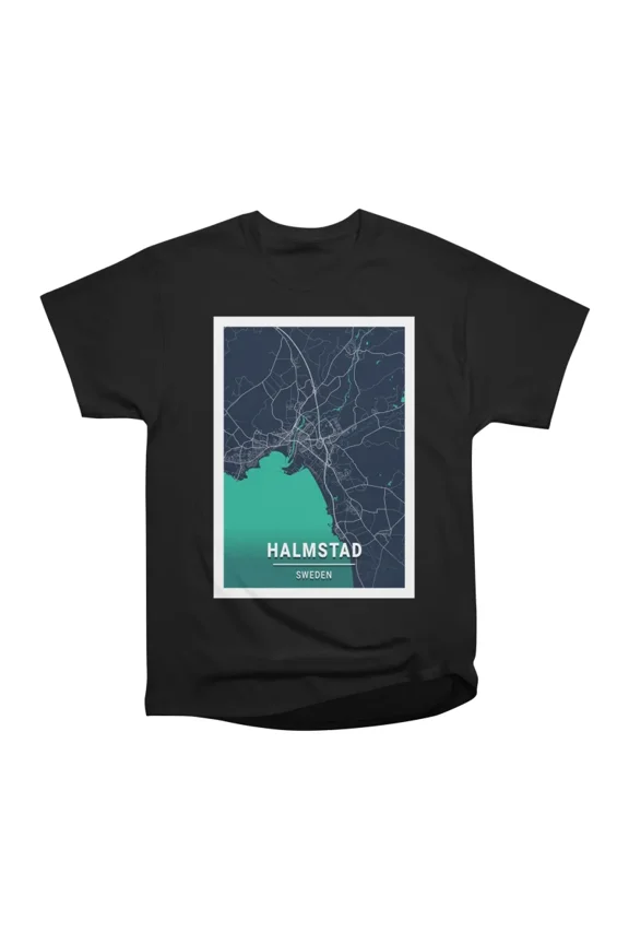 Halmstad Sweden Blue Dark City Map T-Shirt Tee Gift For Him Merch For Her Apparel For Frie