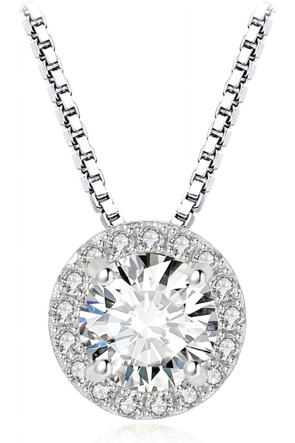 Halo 1.2ct Moissanite Round Cut Pendant Necklace for Women, 14K White Yellow Rose Gold Plated 925 Sterling Silver Necklace for Her, Simulated Diamond Jewelry Sets 18 Inches Chain VVS D-F