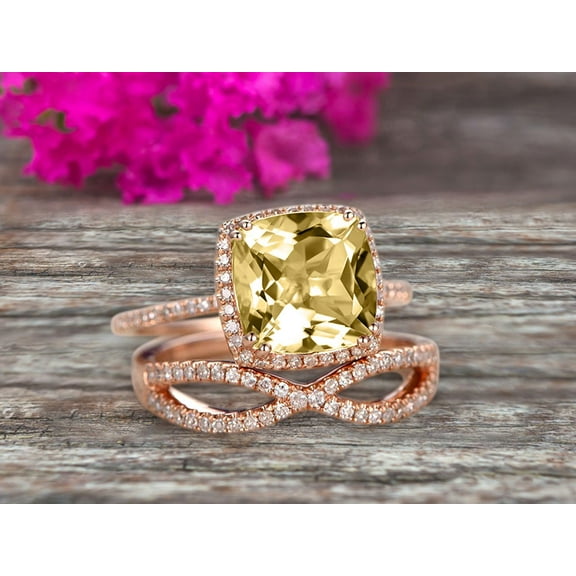 Halo 2 Pcs 10K Rose Gold 2.80 Carat 7mm Cushion Cut Champagne Diamond Moissanite Engagement Ring Set Custom Made Flaming Jewelry Twisted Across Matching Band Art Deco Anniversary Ring