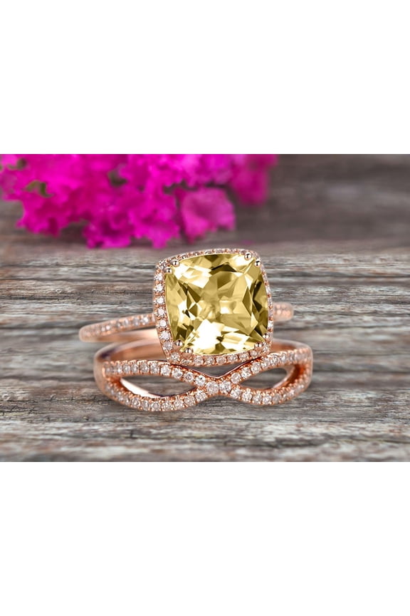Halo 2 Pcs 10K Rose Gold 2.80 Carat 7mm Cushion Cut Champagne Diamond Moissanite Engagement Ring Set Custom Made Flaming Jewelry Twisted Across Matching Band Art Deco Anniversary Ring
