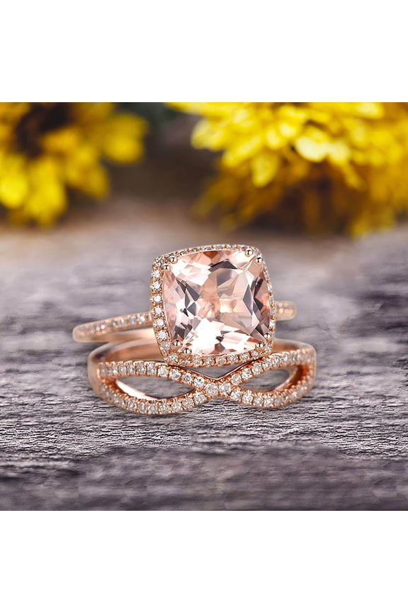 Halo 2 Pcs 10k Rose Gold 1.75 Carat Cushion Cut Morganite Engagement Ring Set Custom Made Flaming Jewelry Twisted Across Matching Band Art Deco Anniversary Ring