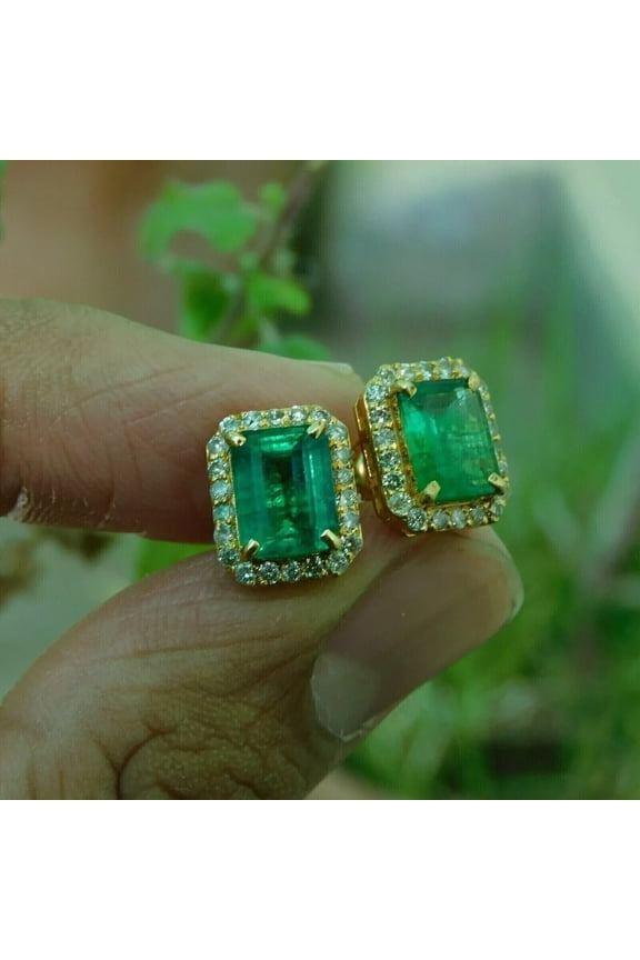 Halo 2Ct Emerald Cut Lab Created Green Emerald & Diamond Stud Earrings 14k Yellow Gold Plated 925 Silver