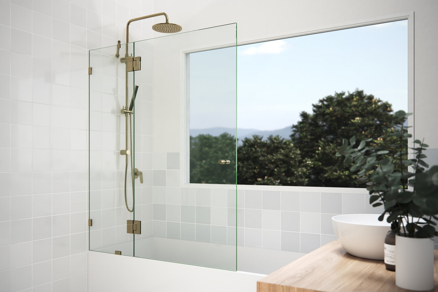 Halo 48.5 in x 58.25 in Frameless Glass Bathtub Door with Brass Hardware