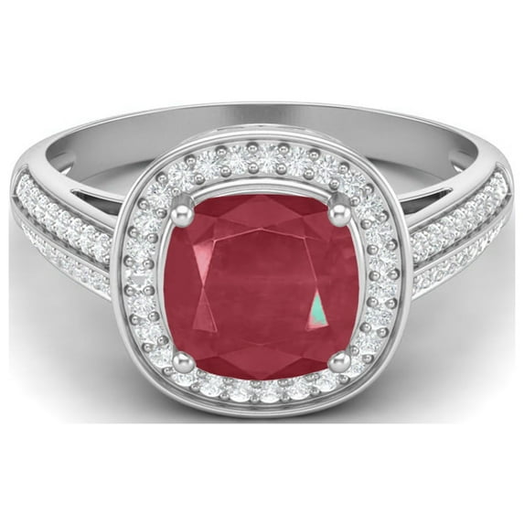 Halo Accent Cushion 2.5 Cts Ruby Glass Filled Bridal Ring Solitaire Engagement Women Valentines Day Gifts Ring in 925 Sterling Silver