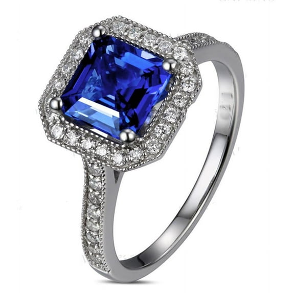 Halo Antique 2 Carat 6mm Princess Cut Blue Sapphire Moissanite Diamond Engagement Ring in 10k White Gold