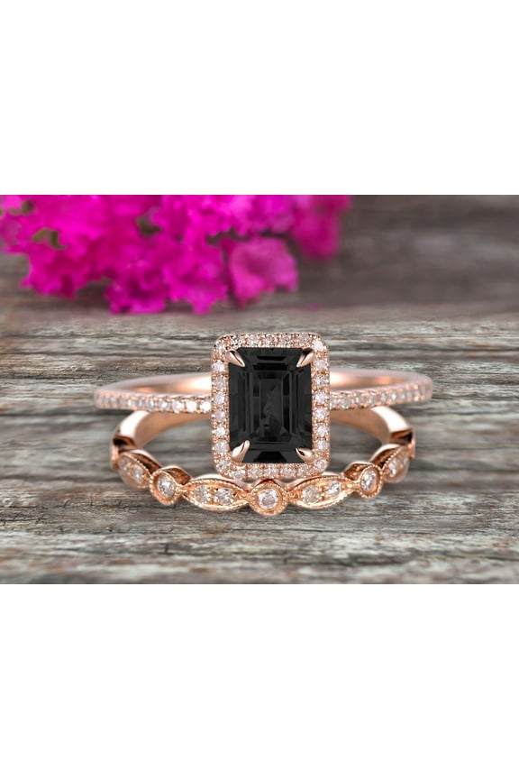 Halo Art Deco 2.25 Carat Emerald Cut Black Diamond Moissanite Wedding Set Bridal Ring Engagement Ring Set On 10K Rose Gold Stacking Matching Band Anniversary Gift