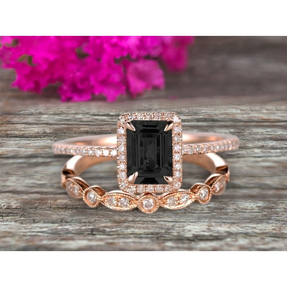 Halo Art Deco 2.25 Carat Emerald Cut Black Diamond Moissanite Wedding Set Bridal Ring Engagement Ring Set On 10k Rose Gold Stacking Matching Band Anniversary Gift
