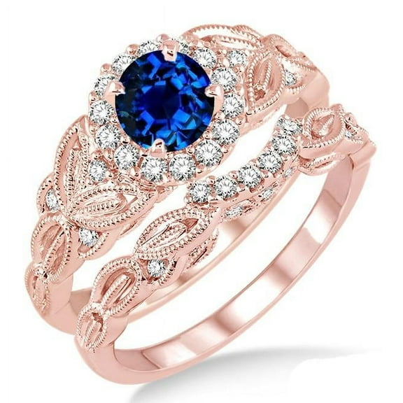 Halo Art Deco 2.5 Carat Blue Sapphire And Moissanite Diamond Wedding Ring Vintage Floral Bridal Set Engagement Ring on 10k Rose Gold
